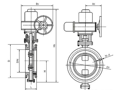 船用双偏心型电动带手动操作蝶阀结构图(图1) 船用双偏心型电动带手动操作蝶阀结构图