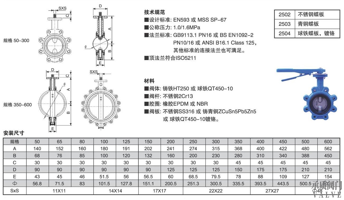 D371X凸耳对夹蝶阀外形结构尺寸图
